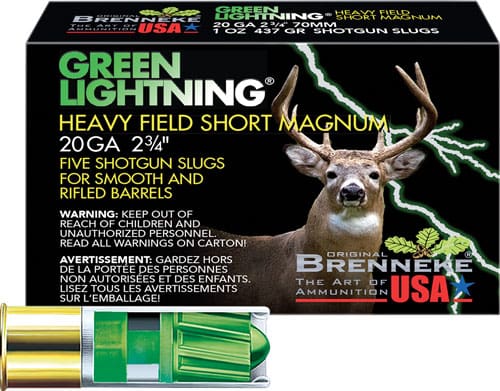 BRENNEKE USA GREEN LIGHTNING – 20GA 2.75″ 1OZ SLUG 5RD 50BX/C