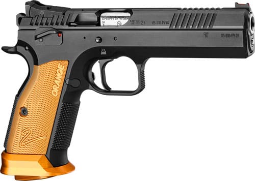CZ TS2 SA 9MM FS 20-SHOT – BLACK POLYCOAT ORANGE GRIP