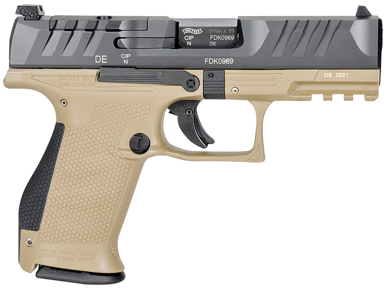 WALTHER PDP 9MM CMPCT 4″ PSTL TAN/BLK 2-15RD MAGS