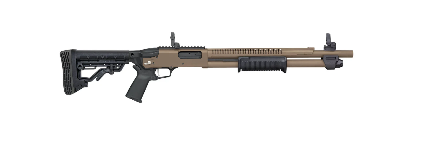 MOSSBERG 590R CERAKOTE 12G 3″ SHOTGUN 18.5″ W/ H.S., FDE, MOE GRIP/FLIP UP, 5 POSITION STOCK, 6+1