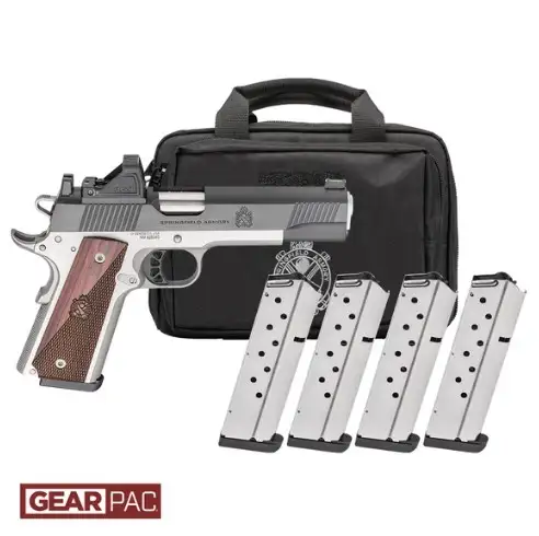 SPRINGFIELD ARMORY RONIN 1911 5″ BL/STS 45ACP PSTL AOS U NOTCH F.O VIRIDIAN RFX11,BAG, 4 MAGS