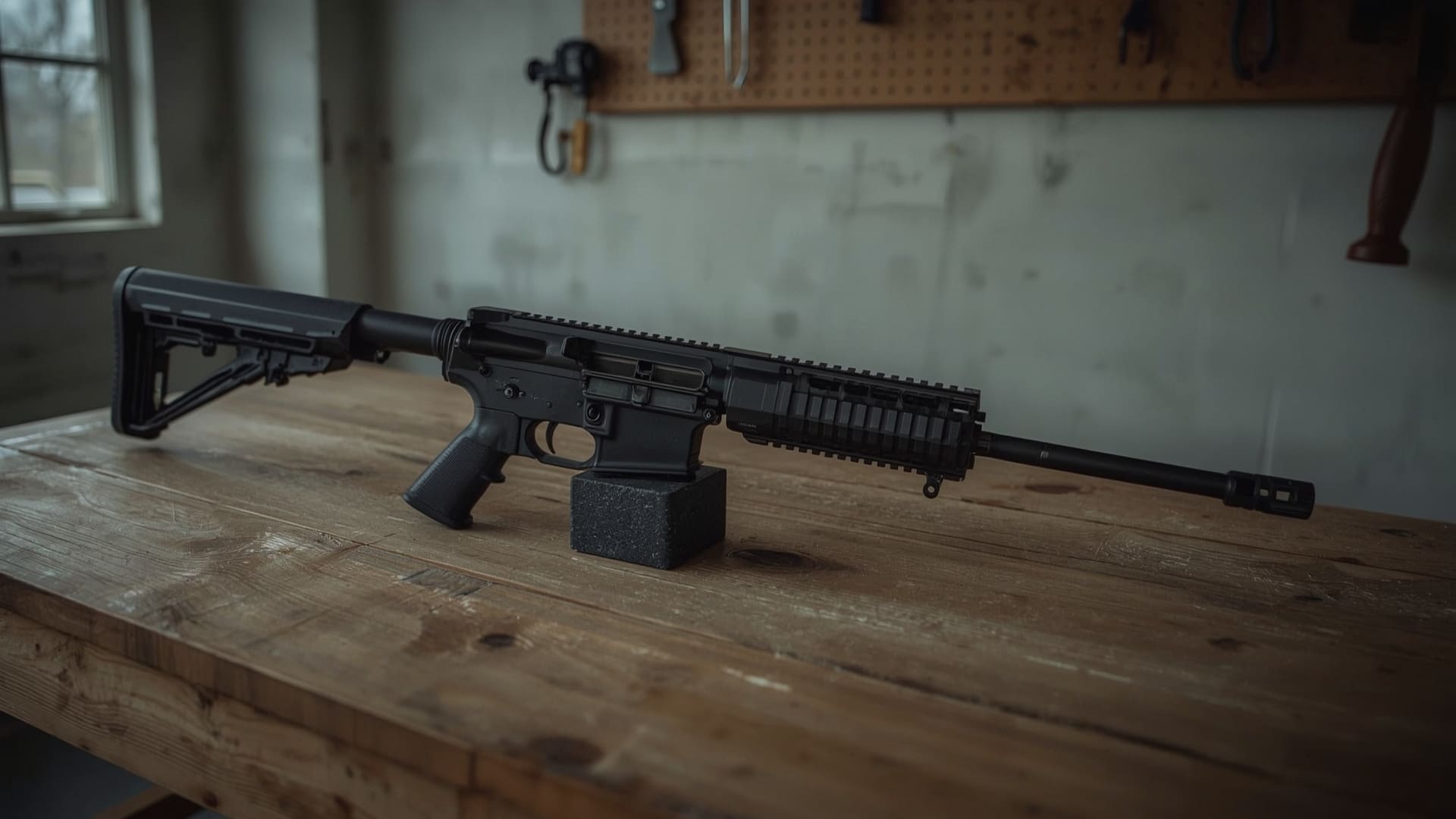AR-15 field stripped into upper lower receiver and bolt carrier group on workbench