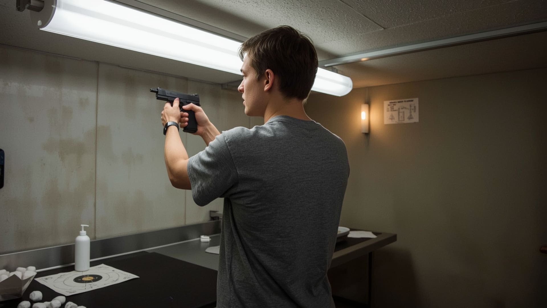 Beginner carefully inspecting firearm chamber during field stripping safety check