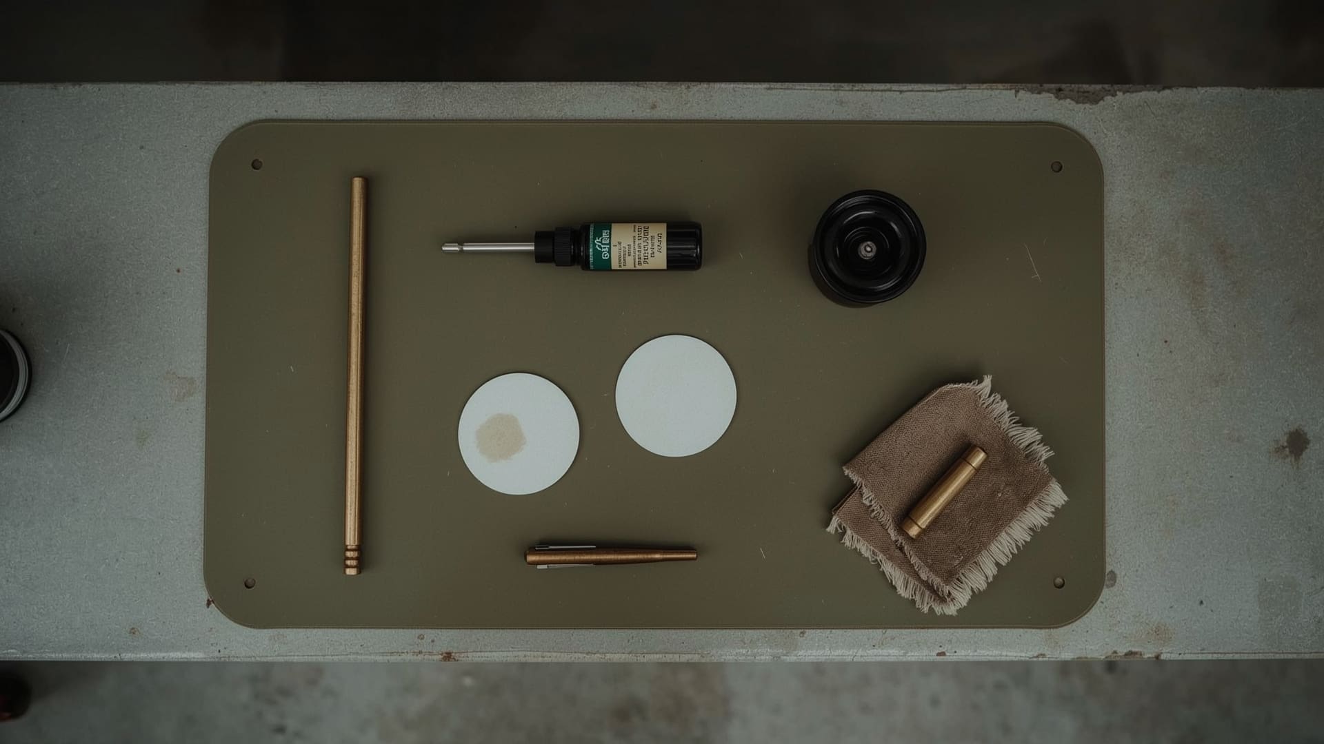 Firearm cleaning tools laid out on olive cleaning mat for gun field stripping