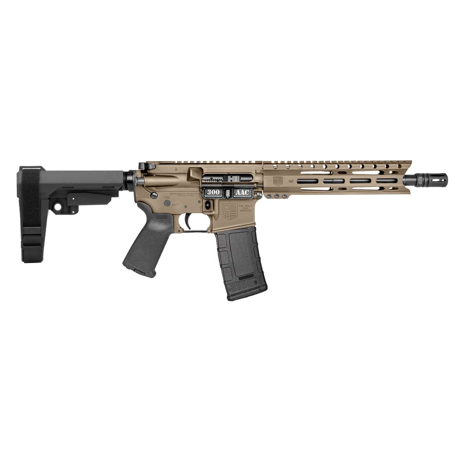 DIAMONDBACK DB15 300 BLACKOUT FDE 10″ PISTOL W/ 9″ PC M-LOK RAIL, SBA3 BRACE 30RD