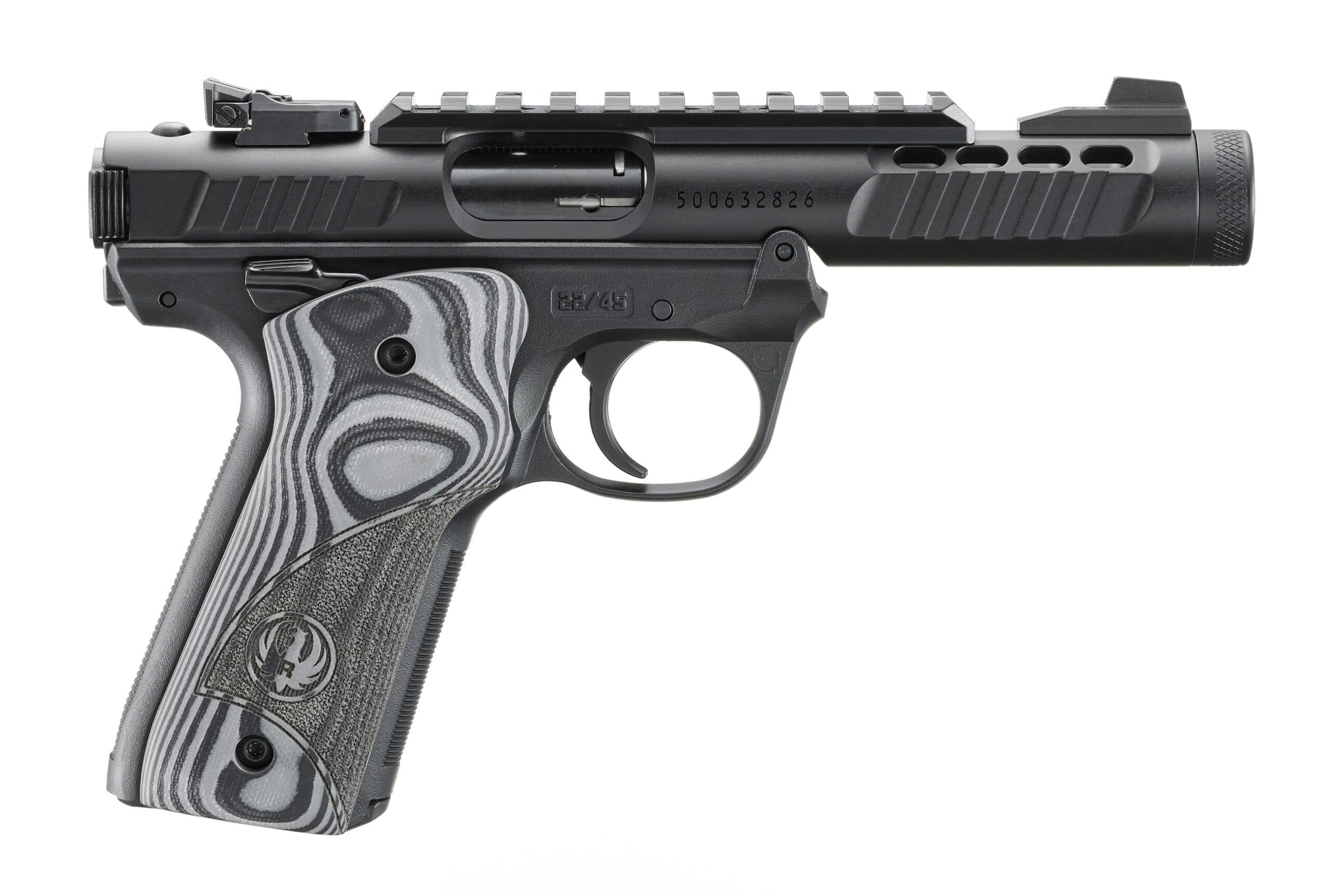 RUGER MRK IV 22/45 LITE 22LR 4.4″ BARREL, BLACK ANODIZED, OVERSIZD HOGUE GRIP PLATES 2-10RD MAGS