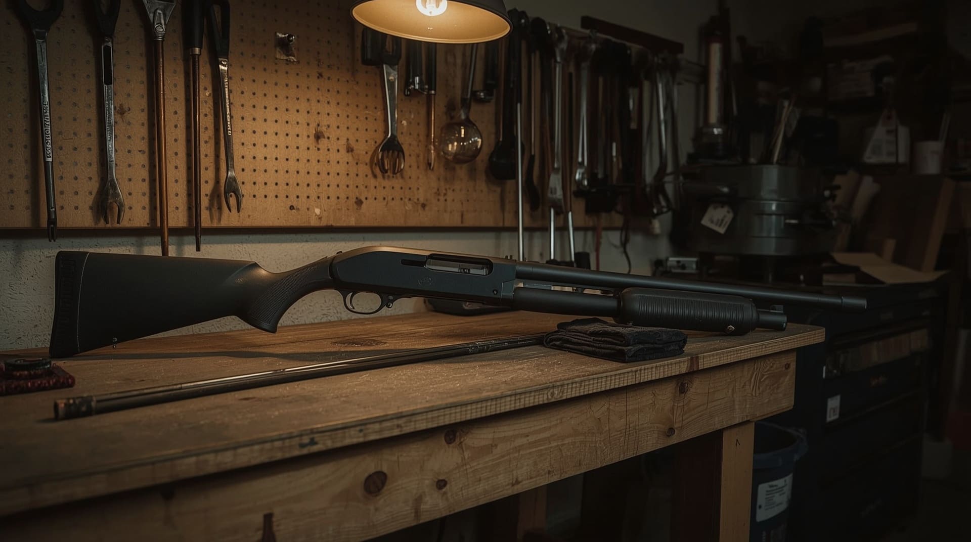 Classic 12-gauge pump-action shotgun resting on weathered workbench in garage