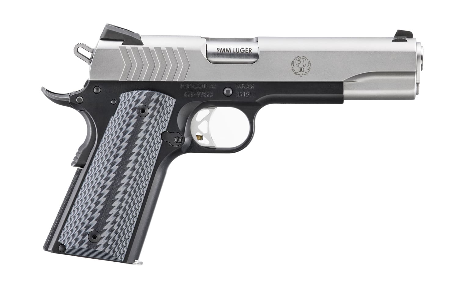 RUGER SR1911 LIGHTWEIGHT 9MM 5″ BLK/STS  G10 2-9RD MAGS