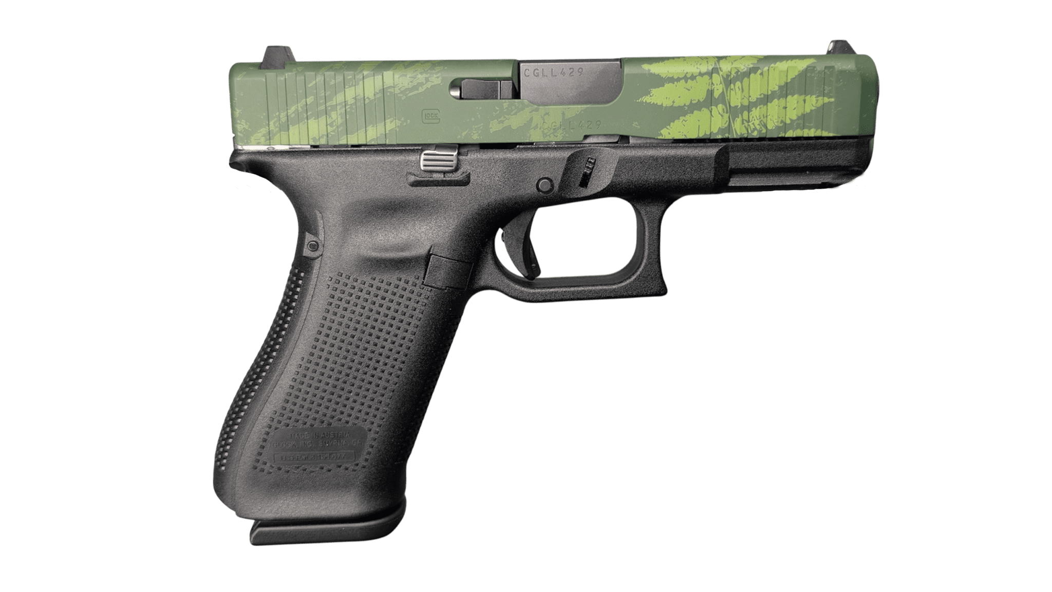 GLOCK 45 V ISLAND CAMO 9MM PISTOL 4″ BLACK-BLK/GRN SLIDE FXD 3-17RD MAGS