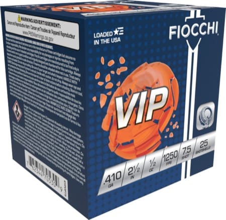 FIOCCHI VIP 410G 2.5″ 1/2OZ 7.5SHT 1250FPS 25RD BX 250RD CS