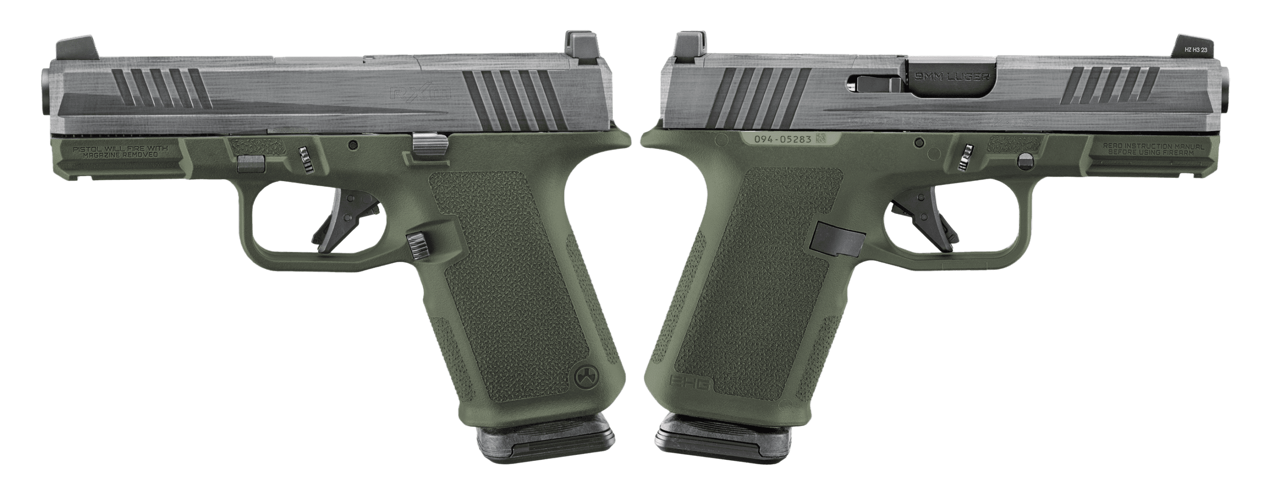RUGER RXM 9MM PISTOL 4″ CRUSHED SILVER BATTLE WORN/GREEN O.R. 2-15RD MAGS – ORION EXCLUSIVE
