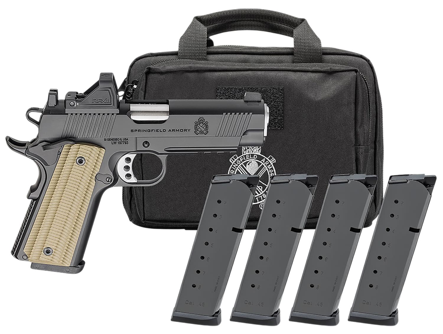SPRINGFIELD ARMORY 1911 OPERATOR 4.25″ 45ACP PSTL BLK AOS U NOTCH W/ TRITM, VIRIDIAN RFX11,BAG,4 MAG