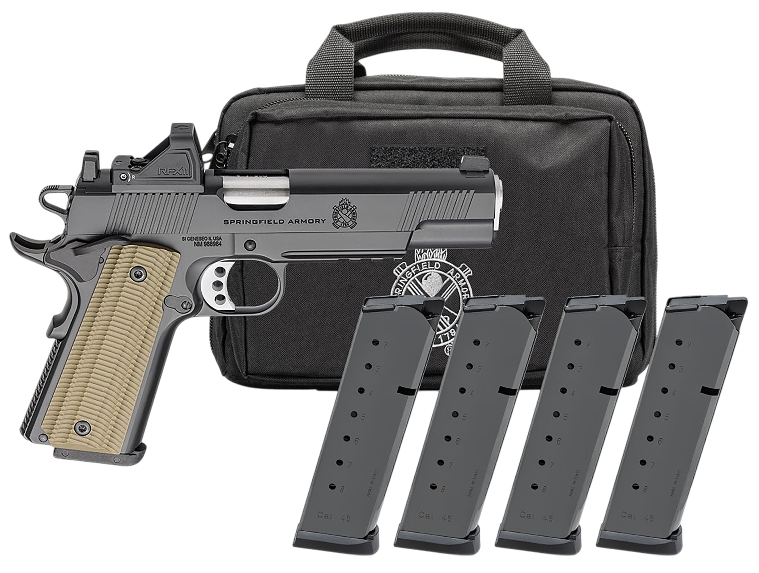 SPRINGFIELD ARMORY 1911 OPERATOR 5″ 45ACP PSTL BLK AOS U NOTCH W/ TRITM, VIRIDIAN RFX11,BAG,4 MAGS