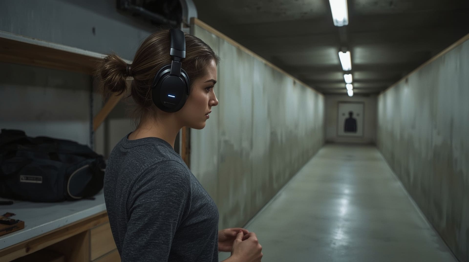 Person wearing Bluetooth electronic earmuffs at indoor shooting range stall