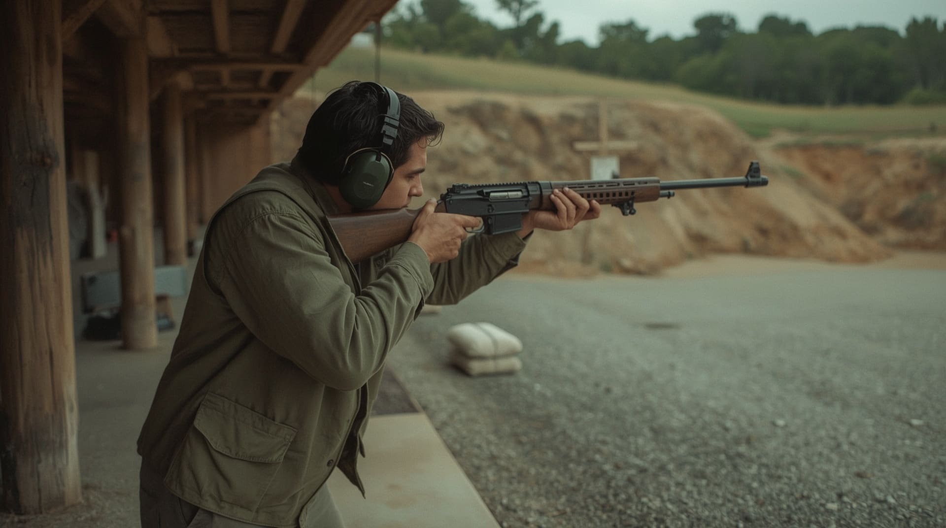 Shooter wearing double ear protection combo of foam plugs and earmuffs at outdoor range