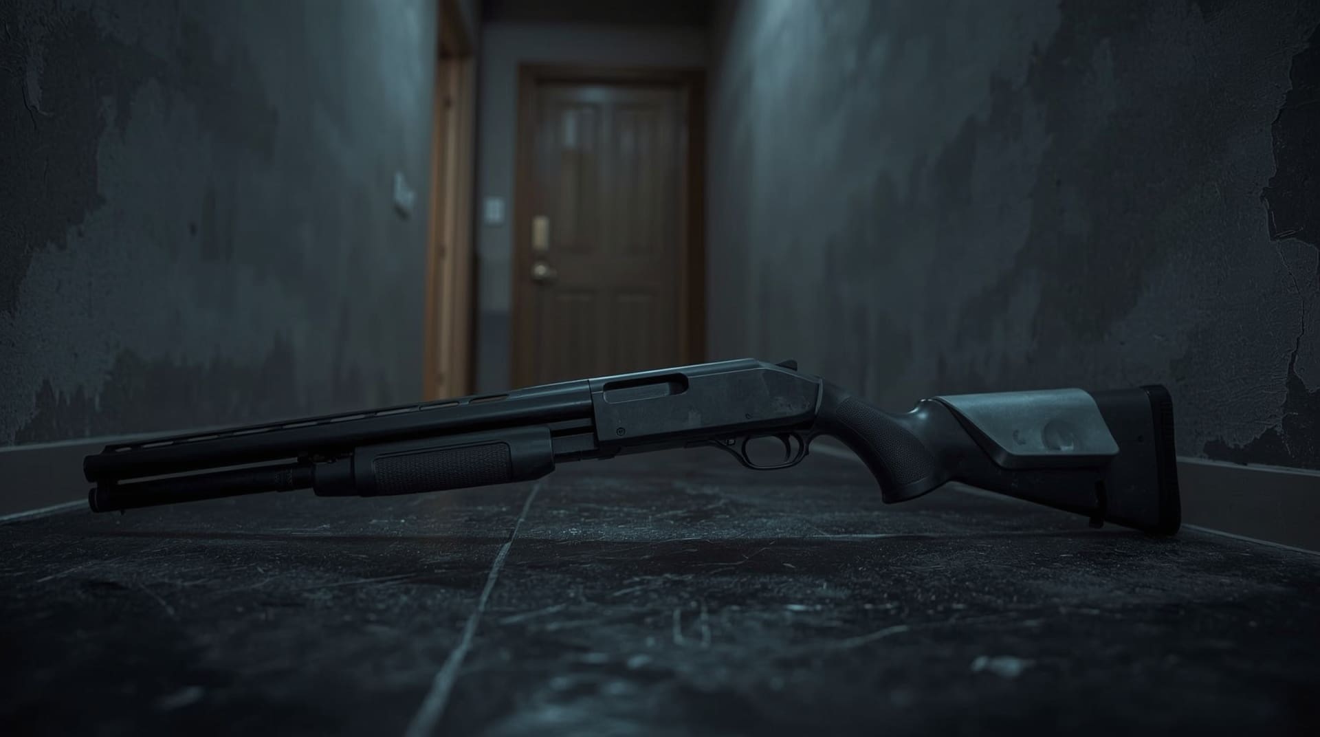 Side-folding stock tactical pump shotgun displayed on dark surface in residential hallway