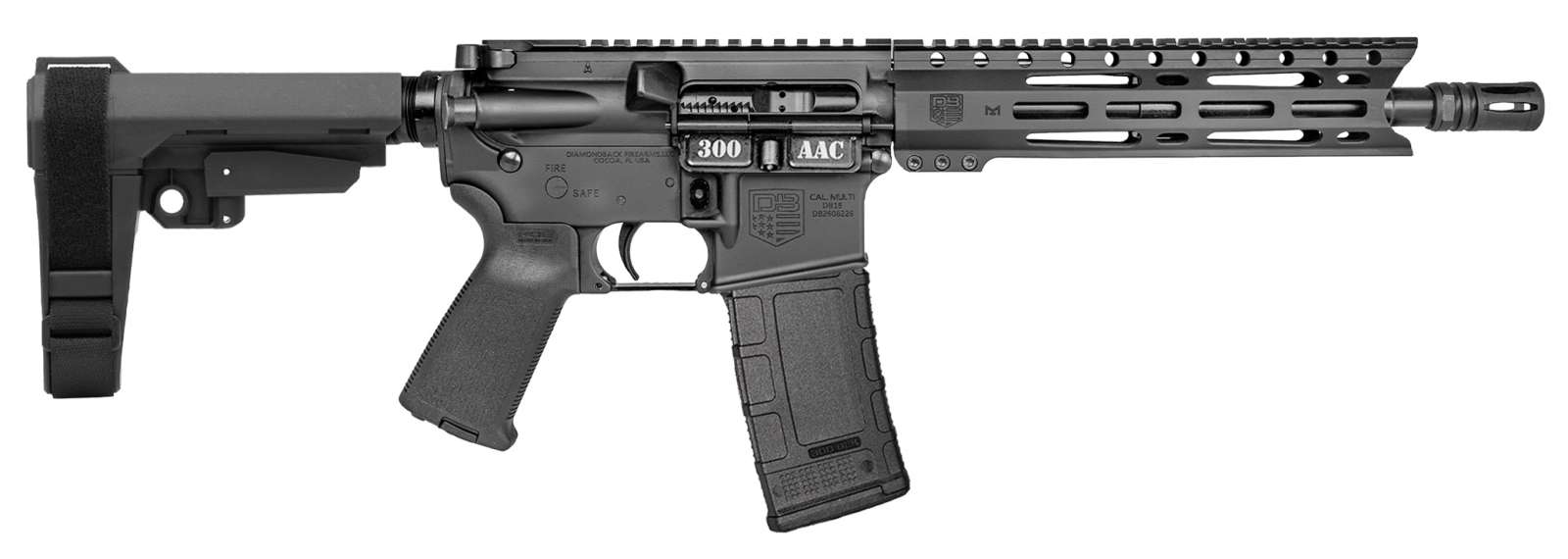 DIAMONDBACK DB15 300 BLACKOUT BLACK 10″ PISTOL W/ 9″ PC M-LOK RAIL, SBA3 BRACE 30RD
