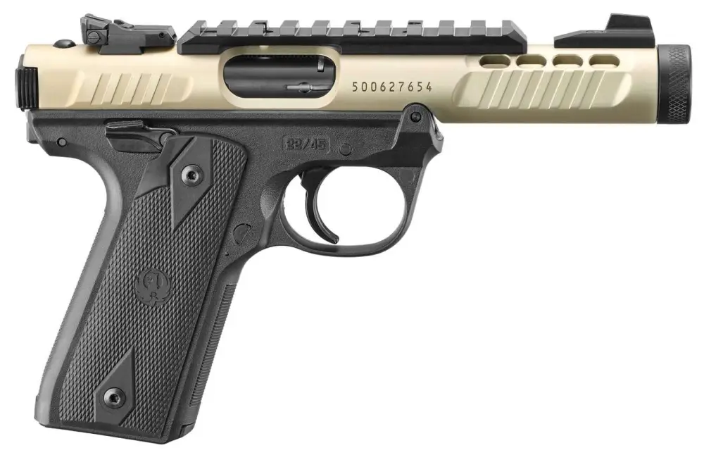 RUGER MRK IV 22/45LTE 22LR 4.4″ T.B. CHAMPAGNE ANODIZED BLACK GRIPS 2-10RD MAGS