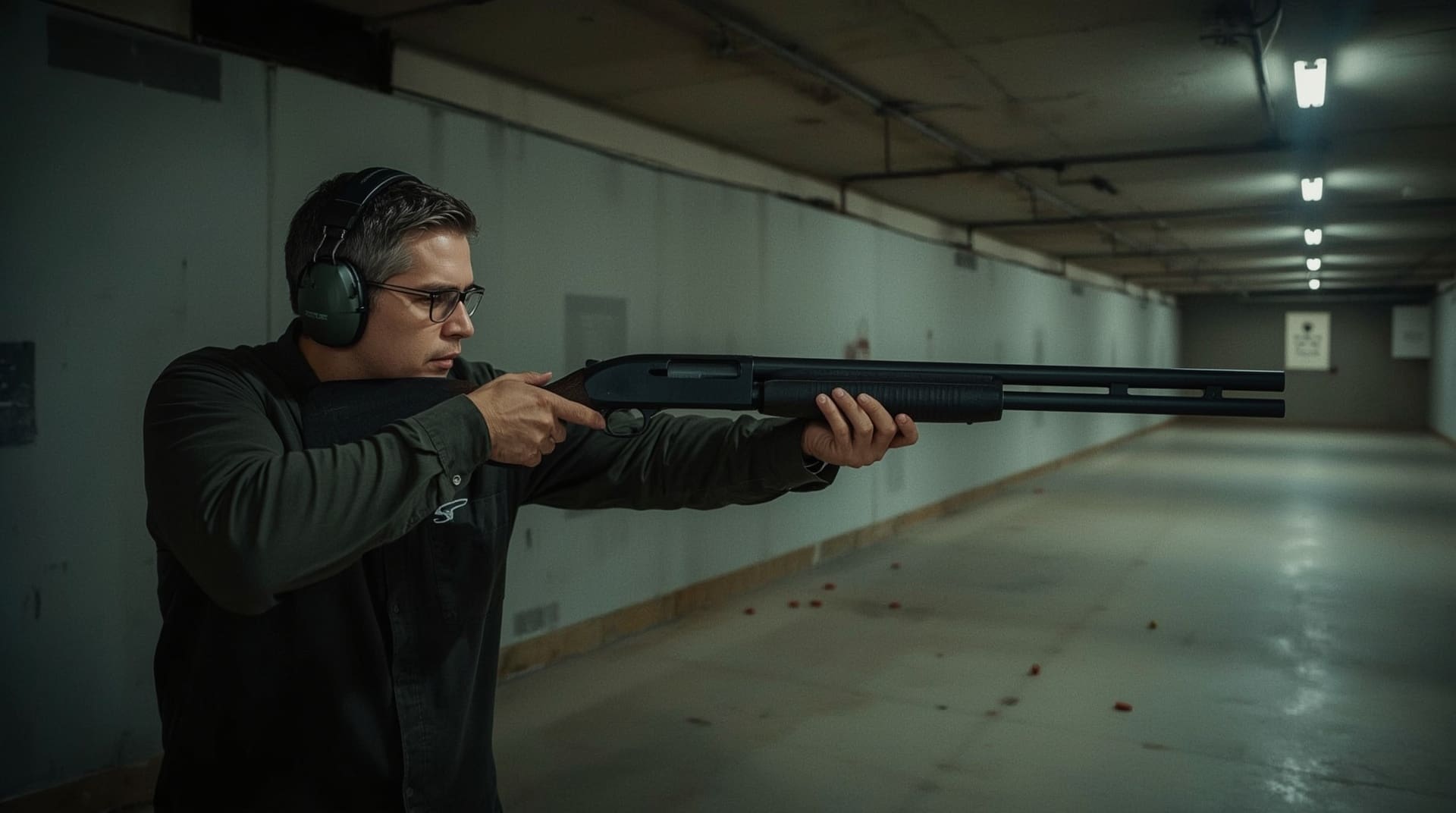 Adult shooter practicing pump shotgun handling technique at indoor shooting range