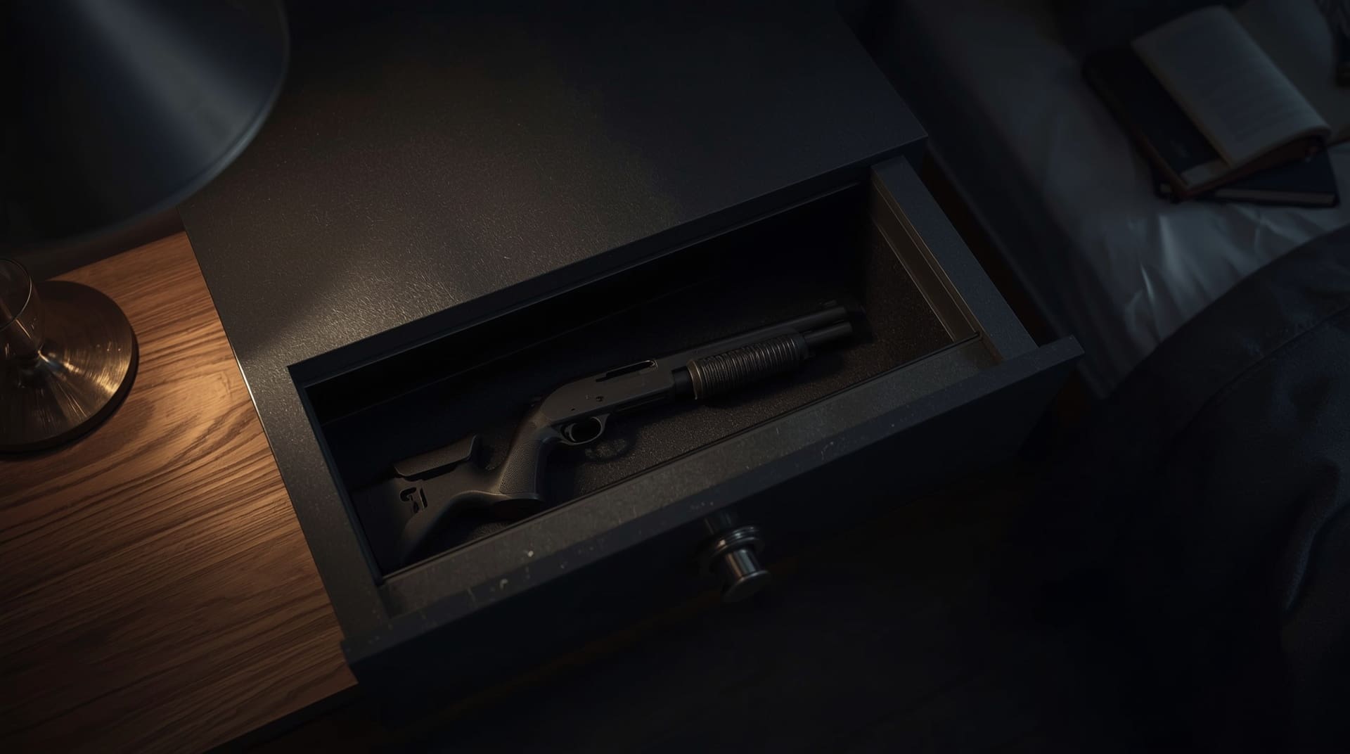 Compact pistol grip pump shotgun stored inside open bedside quick-access safe
