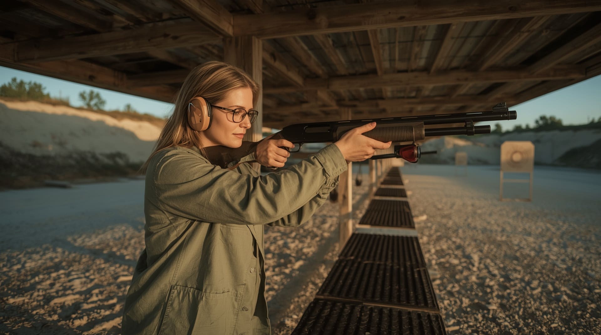 Confident adult woman shooting a compact shotgun at an outdoor range