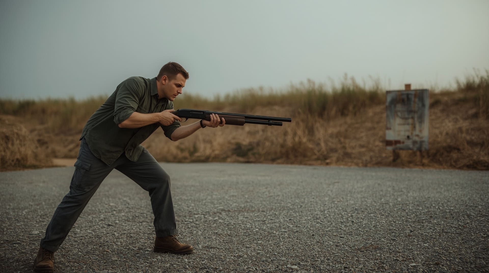 Experienced shooter demonstrating aggressive forward stance for recoil management with semi-auto shotgun