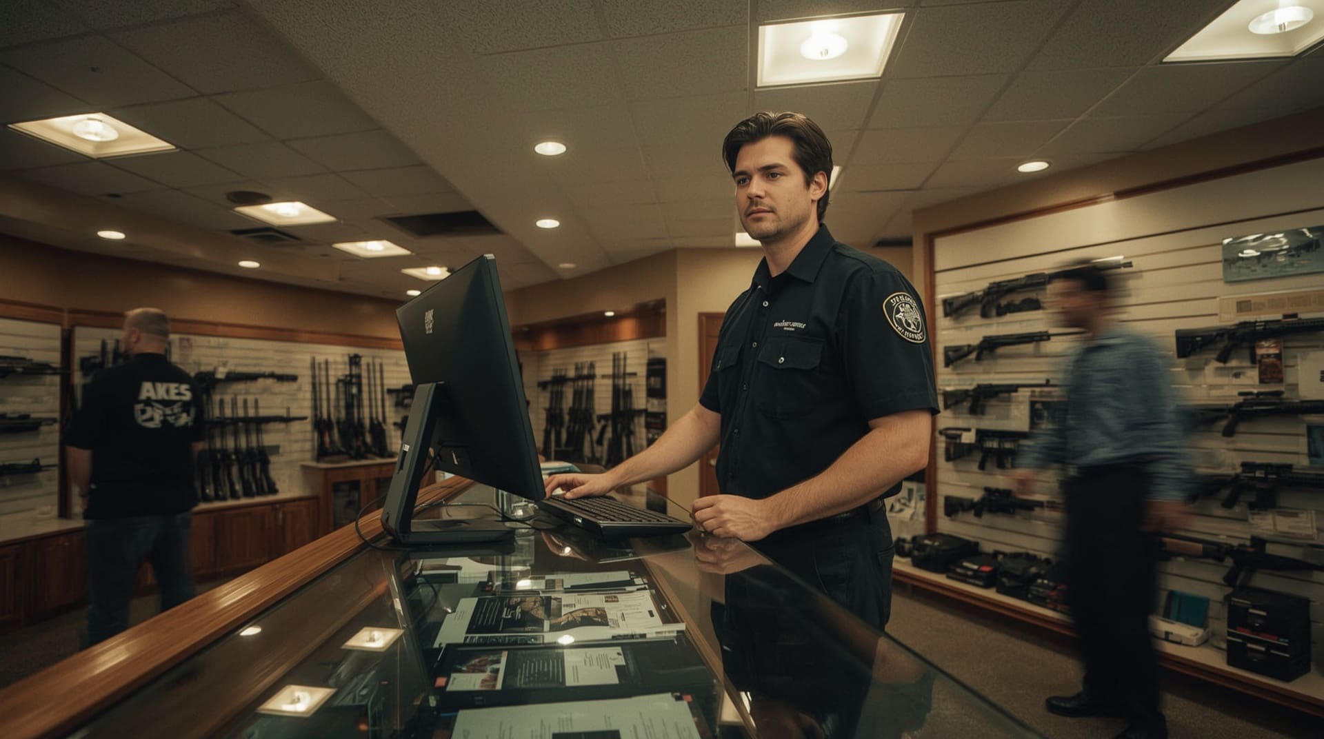 Gun store employee processing a firearm background check at a dealership counter