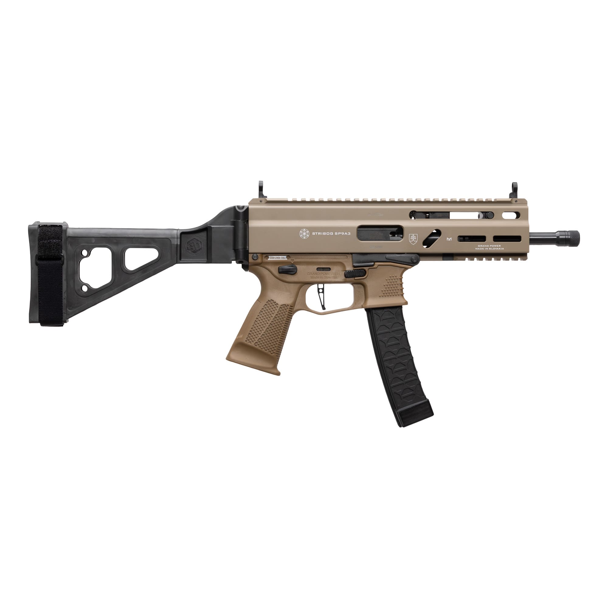 GRAND POWER STRIBOG SP9A3 9MM PISTOL 8″ BARREL THREADED RLR DELAYED STRIBOG PATTERN MAG W/ BRACE FDE