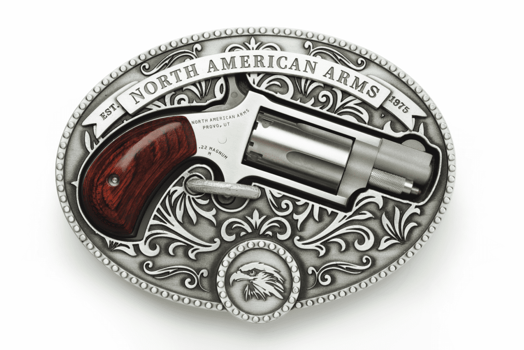 NAA MINI-REVOLVER .22 M, 1 1/8″, W/ OVAL ORNATE BELT BUCKLE