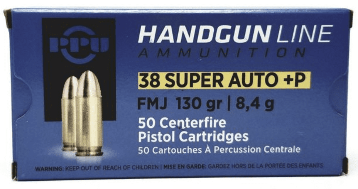 PPU .38 SUPER AUTO FMJ 130GR+P 50RD BOX 10 BOXES PER CASE