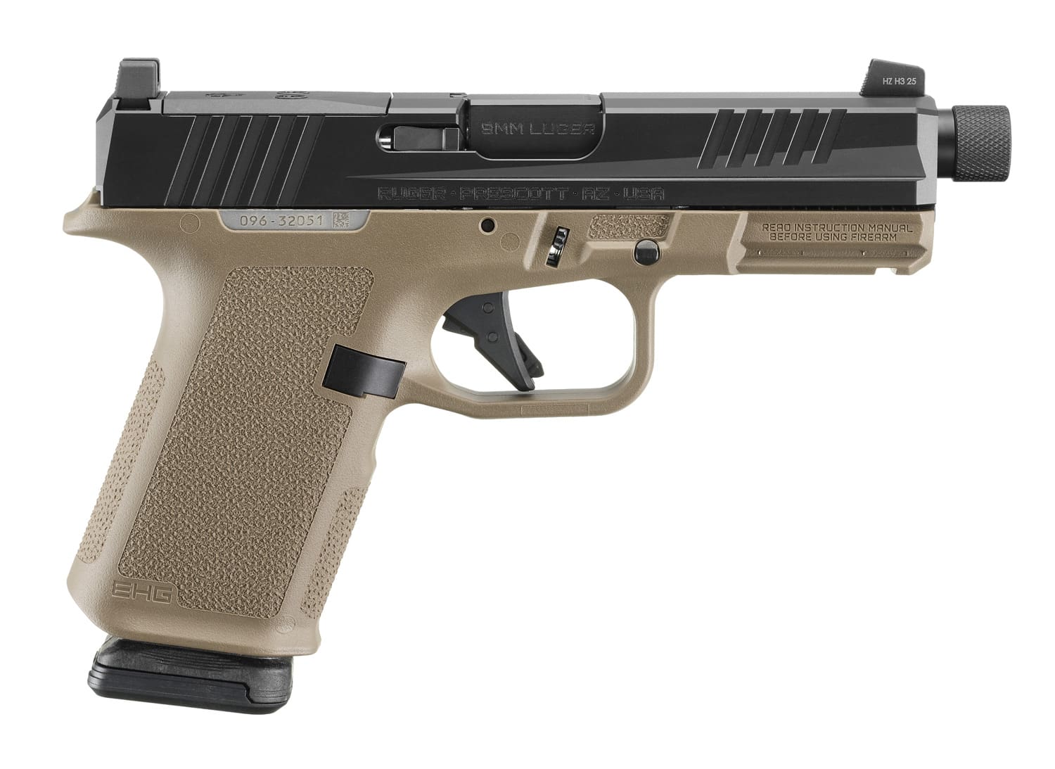 RUGER RXM THREADED 9MM PISTOL 4.5″ BBL FDE MAGPUL EHG, O.R. 2-15RD MAGS
