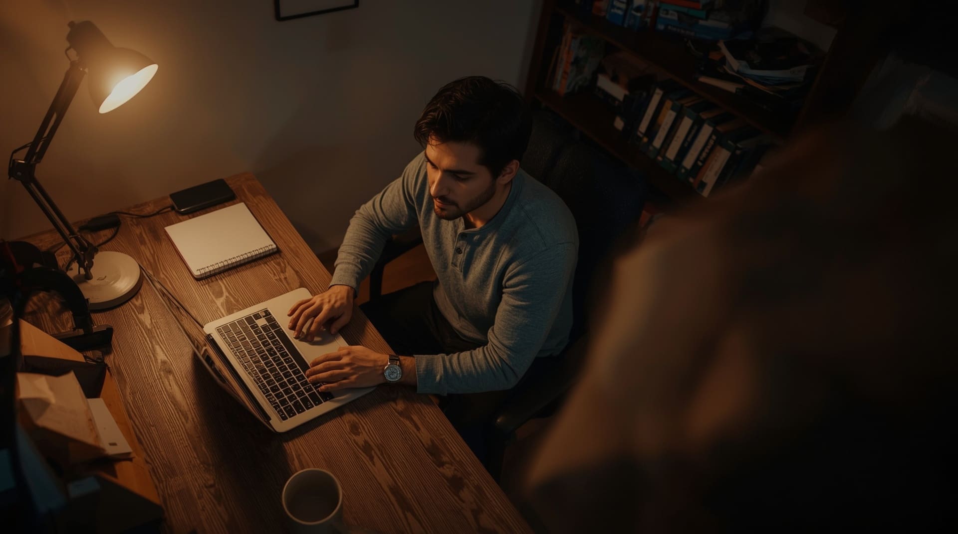 Man at home desk reviewing online black powder firearm purchase next to opened shipping box