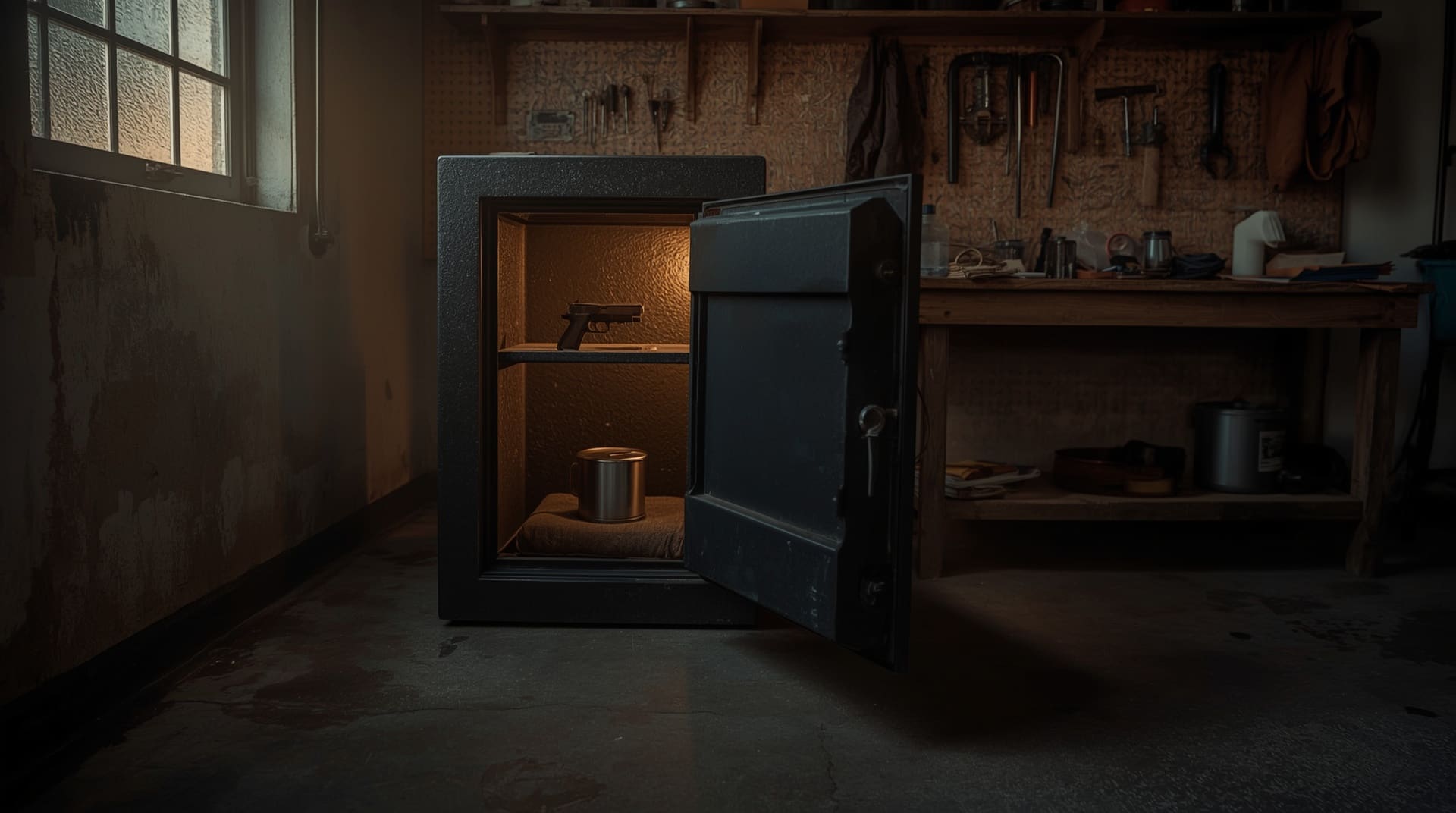 Open gun safe in humid garage environment with dehumidifier rod and condensation on window