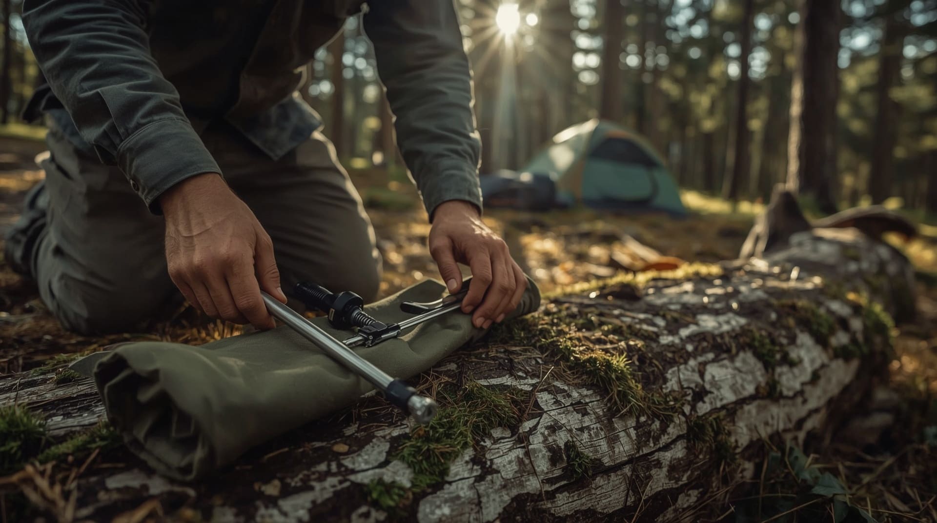 Outdoorsman cleaning firearm with compact field kit in pine forest