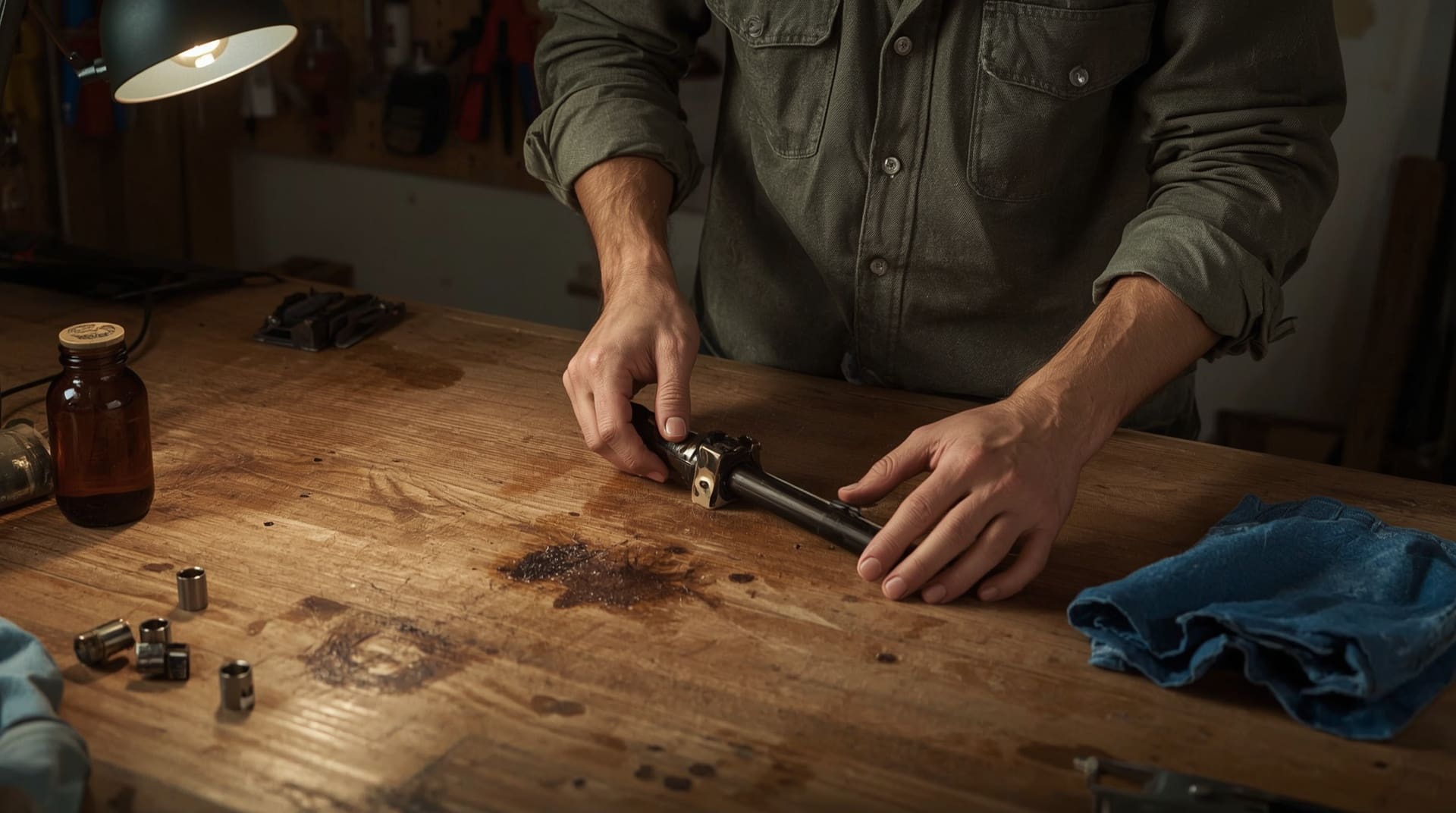 Person cleaning gas-operated shotgun piston and cylinder on worn wooden workbench