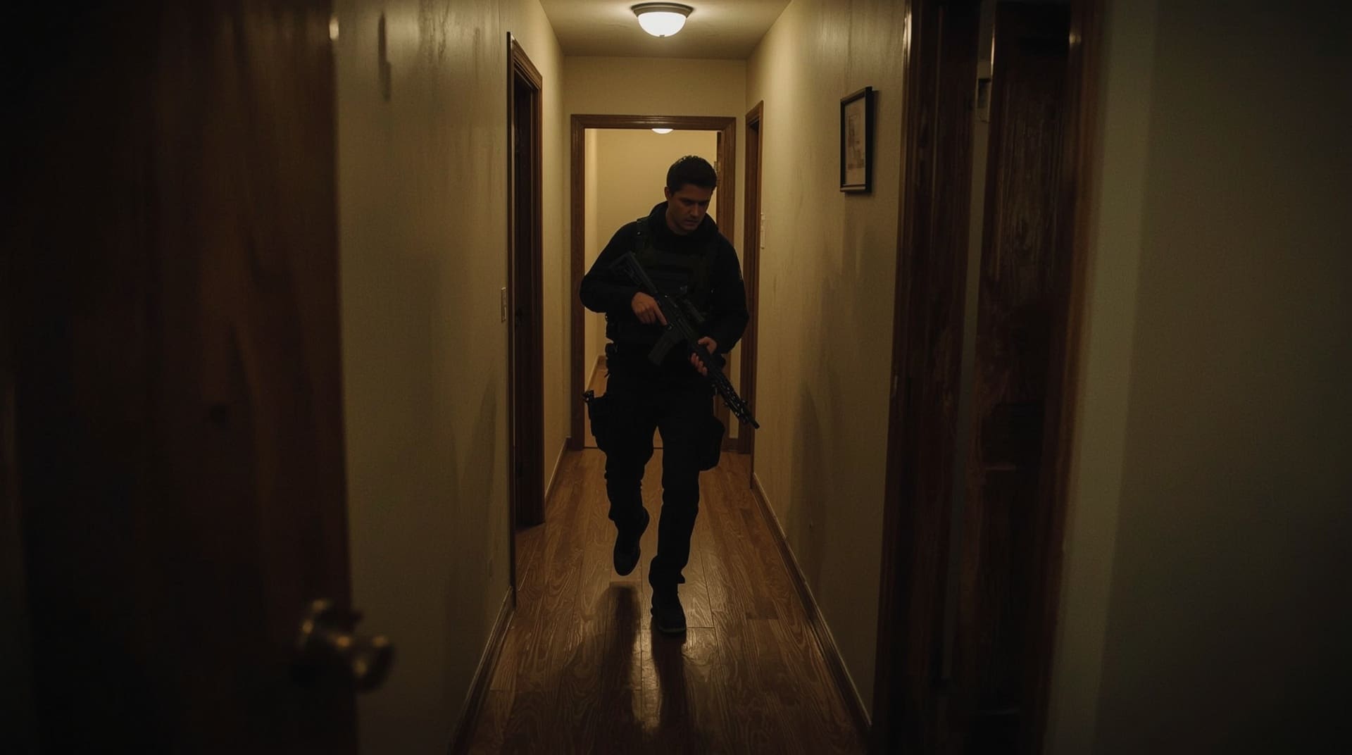 Person holding compact pump shotgun navigating narrow residential hallway at night