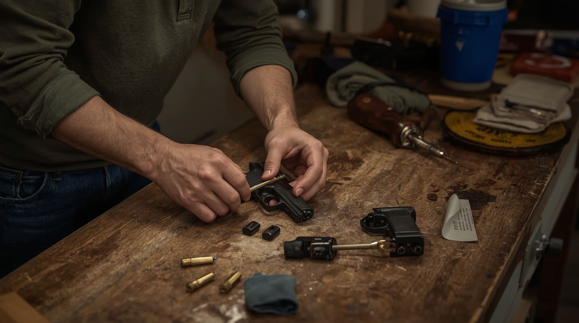 Person performing firearm maintenance and cleaning for everyday concealed carry readiness