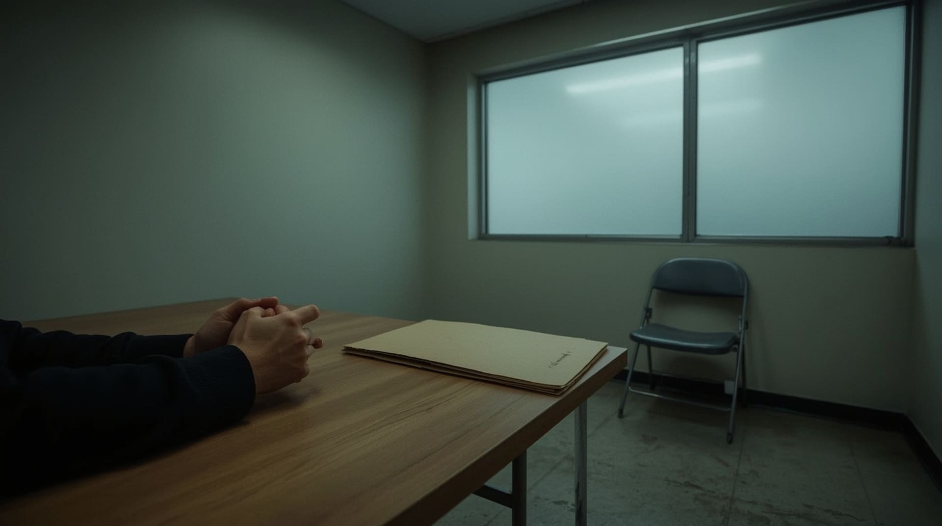 Person sitting tensely at institutional table conveying serious legal consequences