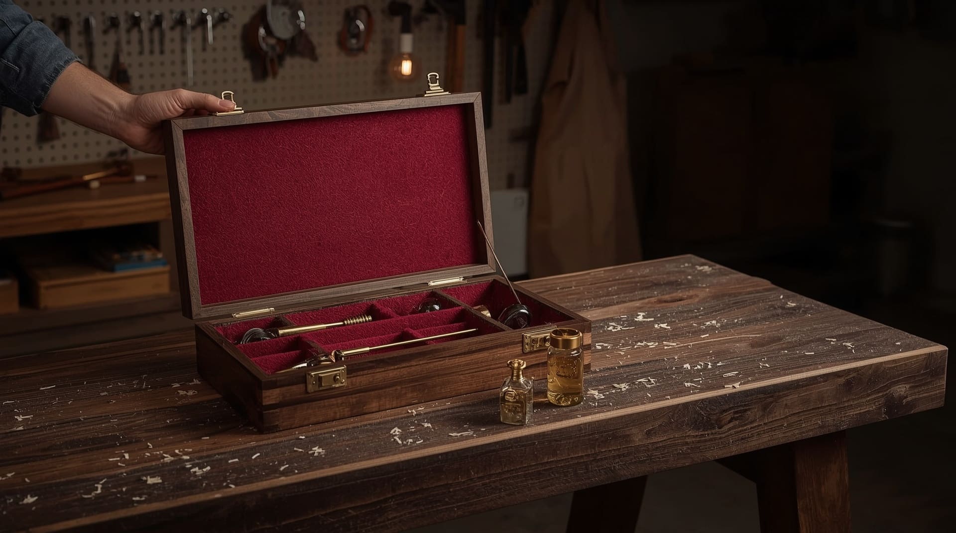 Premium hardwood gun cleaning kit case open on walnut workbench