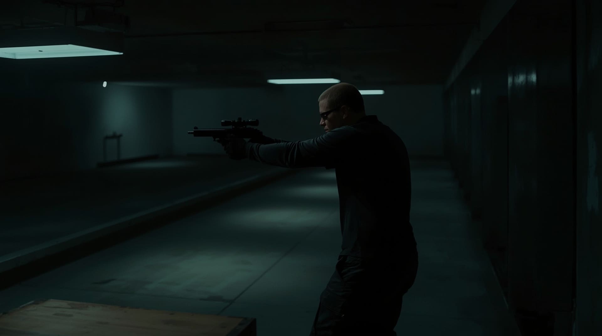 shooter aiming night-vision-compatible pistol red dot sight in low-light indoor range