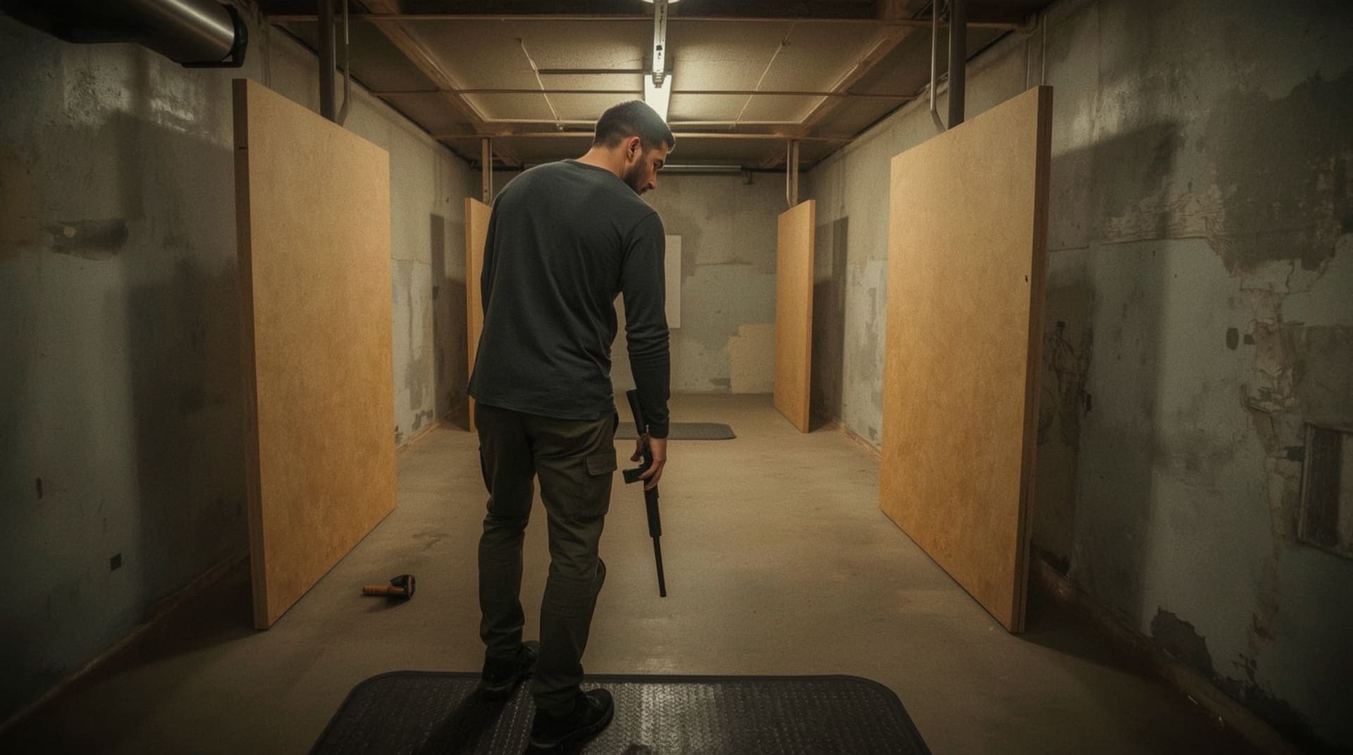 Shooter demonstrating proper pump shotgun recoil management stance at indoor range