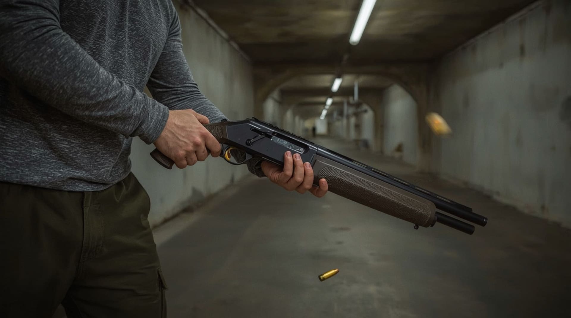 Shooter demonstrating proper two-handed pump action technique at outdoor shooting range