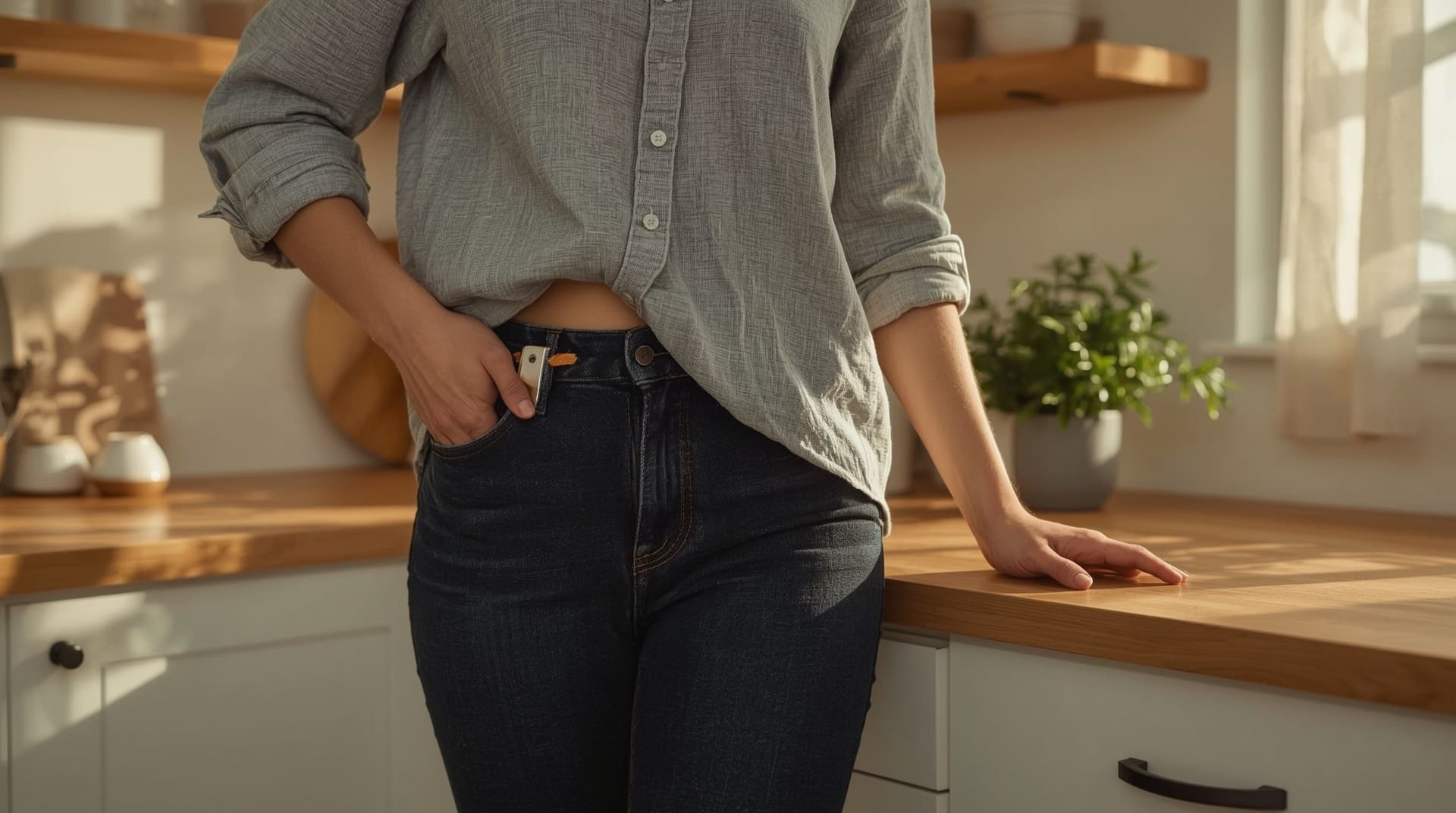 Woman concealing slim single-stack 9mm pistol in waistband holster under casual clothing