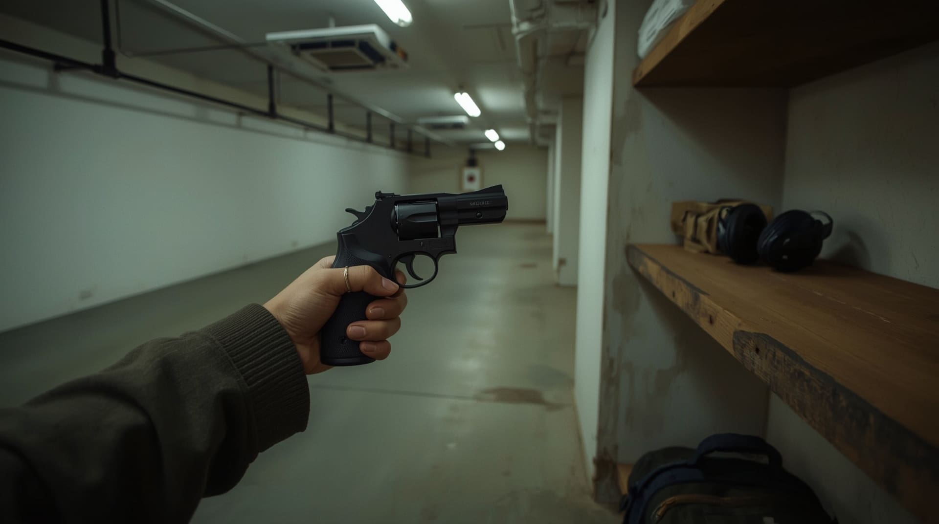 Woman holding small-frame revolver in 38 Special at indoor shooting range