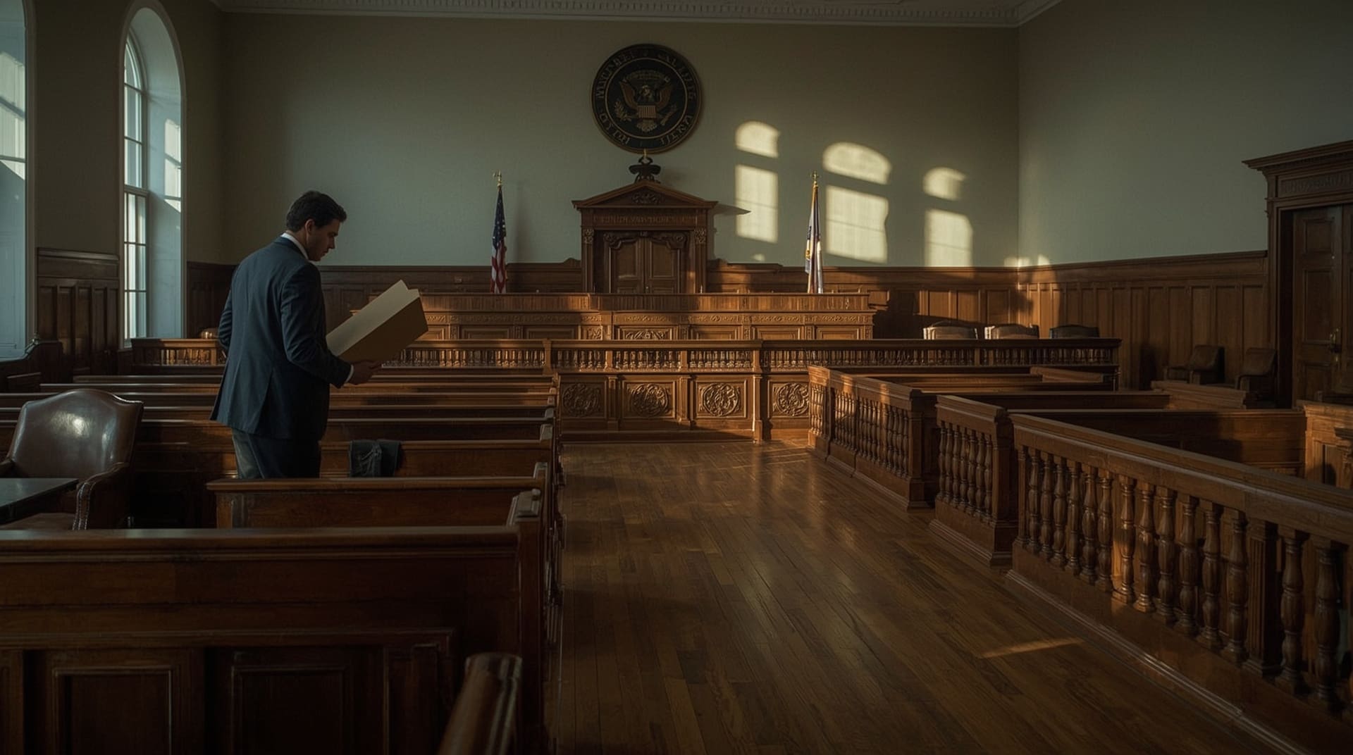 Federal courtroom interior representing firearm prohibition laws for convicted felons