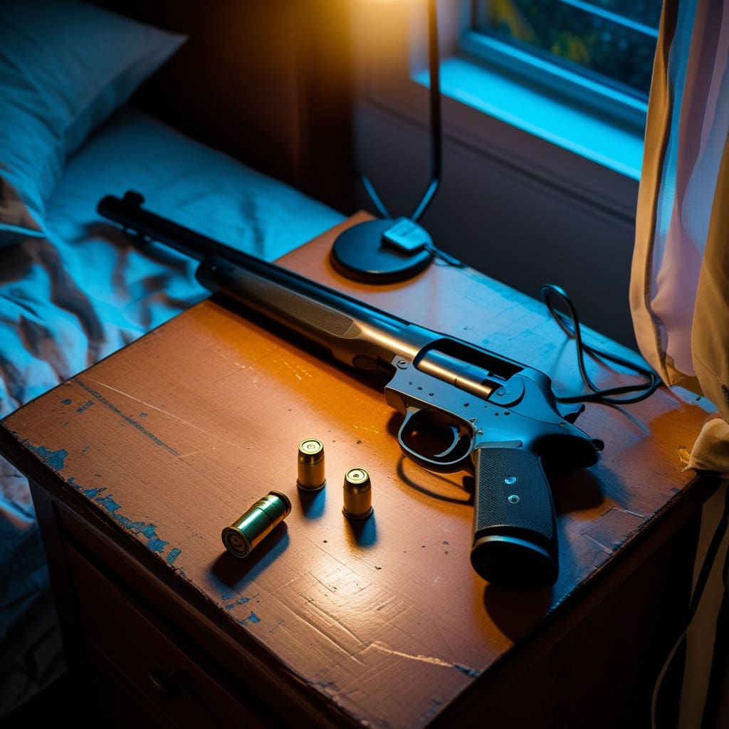 Cover photo showing a pump-action shotgun and a box of buckshot shells resting on a nightstand in a dimly lit bedroom..