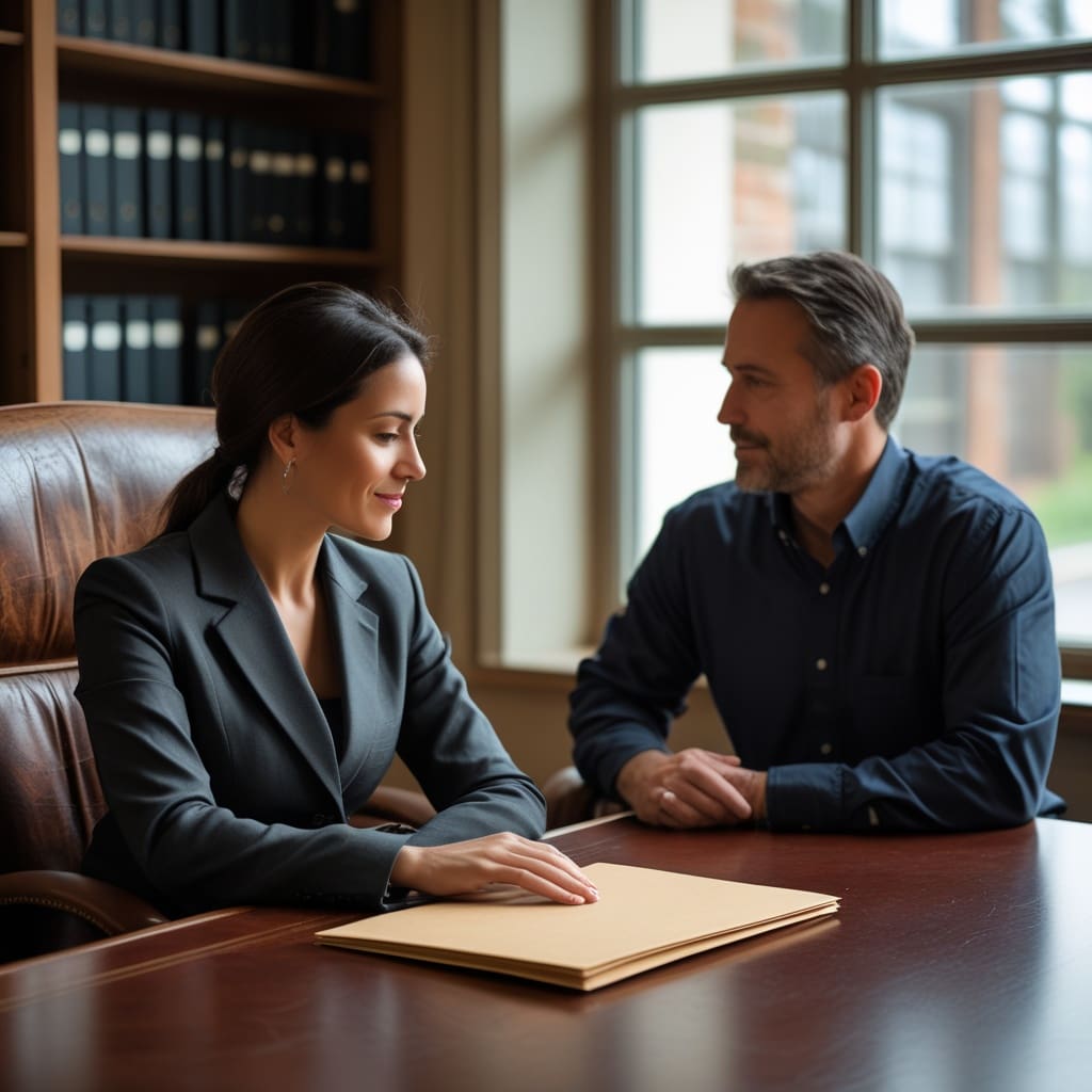 An attorney and client reviewing a document together in a law office, representing consultation on state self-defense statutes.