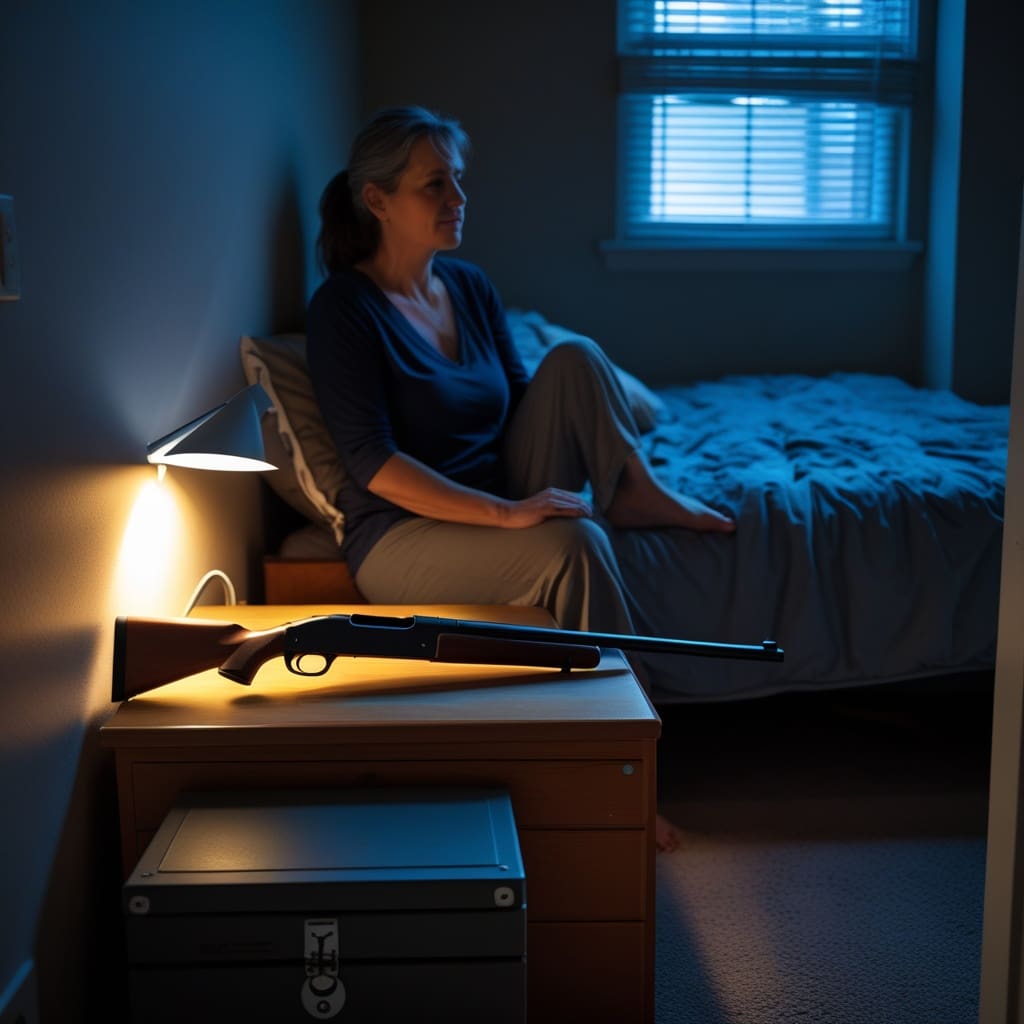 A pump-action shotgun with a short barrel resting on a nightstand beside a locked ammunition box in a dimly lit bedroom.