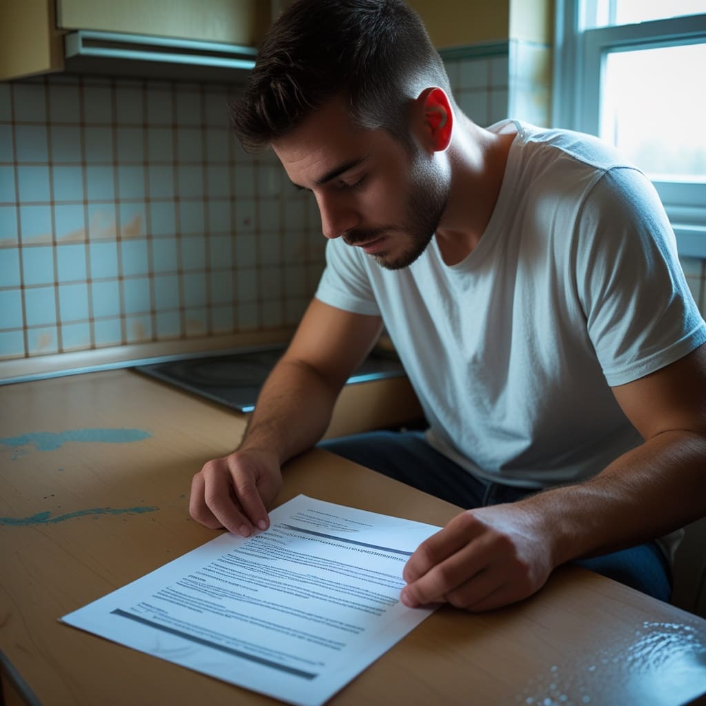 A close-up of a tenant reviewing a printed lease document at a small kitchen table, focusing on a firearms clause..
