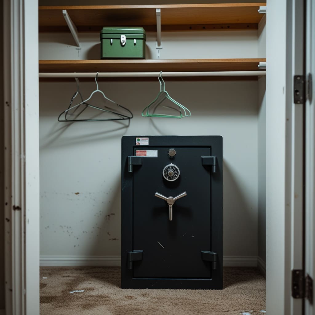 A locked steel gun safe with a separate small ammunition lockbox sitting beside it on a closet shelf.